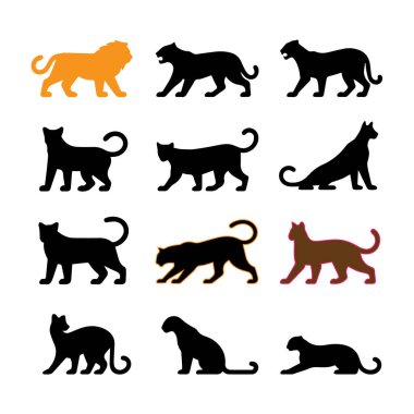 Çoğu siyah siluetlerden oluşan, farklı dinamik pozlarda, tek bir altın aslanlı, 12 şekilli kedi figürlerinden oluşan bir ızgara..