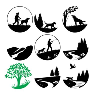 Açık hava aktivitelerini, vahşi yaşamı ve doğal manzaraları gösteren çeşitli siyah ve beyaz siluet çizimler..