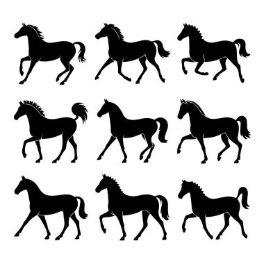 Dokuz farklı siyah at silueti, farklı hareketler ve hareketlerin dinamik pozlarını gösteren bir ızgarada sergileniyor..