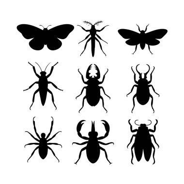 Beyaz arkaplandaki dokuz siyah böcek siluetinden oluşan bir ızgara farklı eklembacaklılar gösteriyor..
