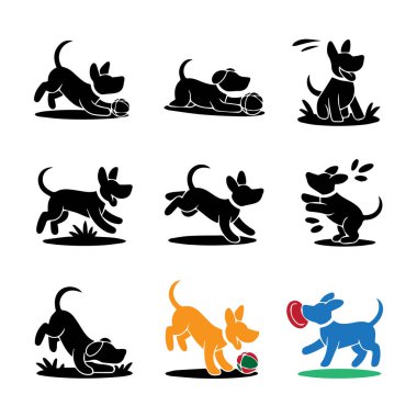 Dokuz farklı siluet çiziminden oluşan bir koleksiyon dinamik pozlardaki köpekleri gösteriyor, oyuncaklarla oynuyor ve açık hava aktivitelerinden zevk alıyor..