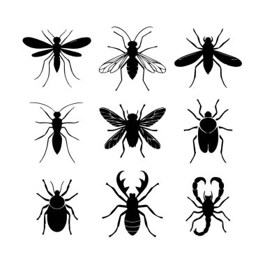 Dokuz siyah siluetten oluşan bir ızgara çeşitli böcek ve eklembacaklıları gösteriyor, her biri beyaz arka planda belirgin bir şekilde özetlenmiş..