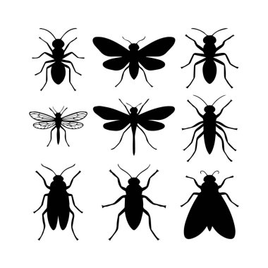 Karıncalar, güveler, yusufçuklar ve sinekler gibi çeşitli türleri gösteren dokuz siyah böcek siluetinden oluşan bir ızgara..