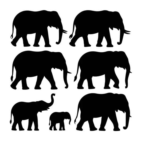 Farklı boyutlarda ve dinamik pozlarda fillerin yer aldığı altı adet siyah siluet çizimi..