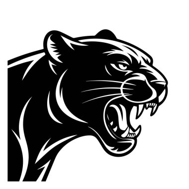 Bir panterin kafasının stilize edilmiş siyah beyaz çizimi, ağzı açık homurdanarak keskin dişler ve tehditkar bir ifade ortaya koyuyor..