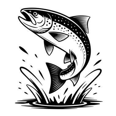 Sudan fırlayan bir somon balığının dinamik siyah-beyaz çizimi, etrafa sıçramalar ve spreyler serpiştirilmiş..