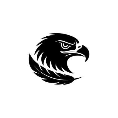 Keskin çizgiler ve belirgin bir tüy elementi içeren bir kartal kafasının çarpıcı siyah silueti, temiz beyaz bir arkaplan üzerine kuruludur..