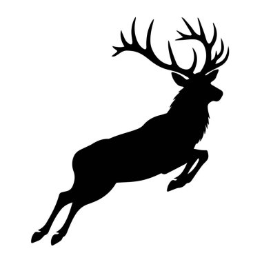 Büyük bir sıçrayışın ortasında siyah bir siluet, etkileyici boynuzları beyaz arka plana doğru uzanıyor..