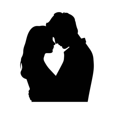 Şefkatli bir kucaklaşmadaki bir çiftin siyah silueti, alınları birbirine dokunuyor, sevgi ve samimiyet taşıyor..