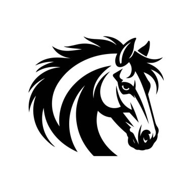 Profilde bir atın kafasının dinamik ve grafik bir çizimi, koyu siyah beyaz ve akışkan çizgilerle çizilmiş..