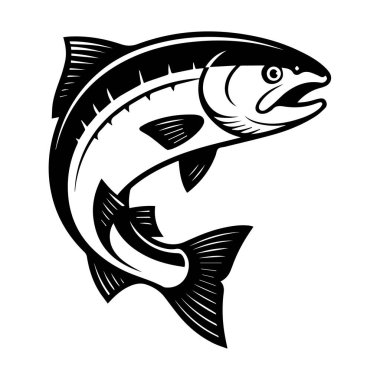 Yüzgeçleri ve kuyruğu açık bir şekilde yukarı sıçrayan bir somon balığının stilize edilmiş siyah beyaz çizimi..