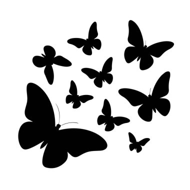 Farklı boyutlarda ve pozlarda siyah kelebek siluetleri koleksiyonu, beyaz bir arka plana saçılmış, hareket ve doğa.