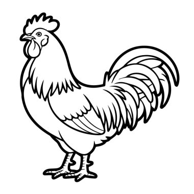 Basit bir siyah beyaz çizgi, göğsü kabarık ve kuyruk tüyleri kabartılmış bir horozu tasvir eder..