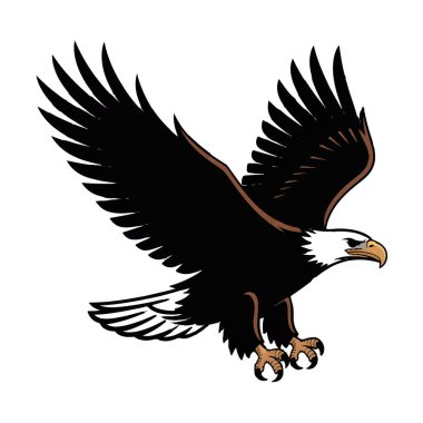 Uçuşun ortasında güçlü bir kel kartal, kanatları tamamen genişlemiş, keskin pençelerini sergiliyor ve beyaz bir arka plana doğru delici bakışlar atıyor..