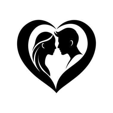 Tarz sahibi bir siyah-beyaz çizim, kalp çizgisi içinde birbirine bakan bir kadın ve erkeğin profillerini tasvir eder..