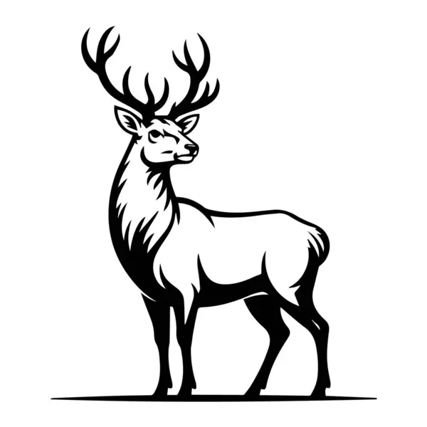 Geniş dallı boynuzları olan, beyaz bir arka plana karşı tetikte ve sola bakan bir geyiğin ayrıntılı siyah beyaz çizimi..