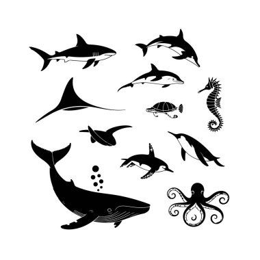 Siyah siluetlerden oluşan dinamik bir düzenleme balinalar, yunuslar, köpekbalıkları, penguenler ve beyaz arka planda bir ahtapot gibi çeşitli okyanus canlılarını gösteriyor..