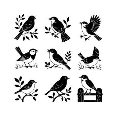 Dokuz farklı, siyah ve beyaz, çeşitli pozlardaki küçük kuşların çizimli çizimlerinden oluşan bir koleksiyon, sıklıkla dallar ve çitler gibi doğal elementler üzerine..