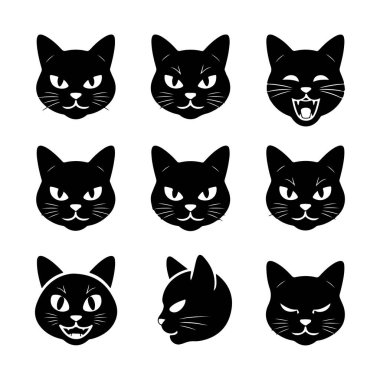 Dokuz farklı siyah kedi yüzlü bir ızgara, her biri bir kazı tahtası veya linocut stili içinde eşsiz ifadeler ve dokular ile yapılmış.