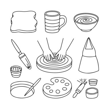 Kil, tekerlek ve heykel enstrümanları da dahil olmak üzere çanak çömlek ve seramik sanatlarda kullanılan çeşitli araç ve malzemeleri tasvir eden bir el çizimi koleksiyonu..