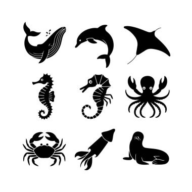 Dokuz siyah siluetten oluşan bir ızgara, balina yunusları, yengeç ve fok balıkları gibi çeşitli okyanus canlılarını sergiliyor..