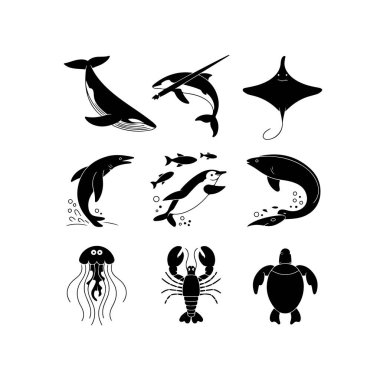 Balinalar, yunuslar, manta vatozu, ıstakoz, kaplumbağa ve bir köpek gibi çeşitli deniz canlılarının yer aldığı dokuz siyah ve beyaz resimden oluşan bir ızgara..