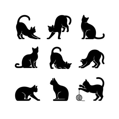 Dokuz farklı siyah kedi silueti farklı duruş sergiliyor, esneme, oturma ve iplikle oynama dahil..