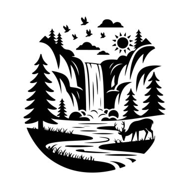 Çarpıcı bir siyah beyaz siluet, bir nehre dökülen görkemli bir şelaleyi tasvir eder. Çam ağaçları, otlayan bir geyik ve süzülen kuşlarla çevrili..