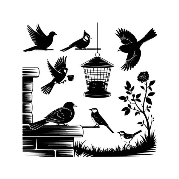 Bazı kuş siluetleri sergilenen siyah ve beyaz bir illüstrasyon, bazıları uçarken, diğerleri bir kuş besleyicisi ve kırsal tuğla duvarın yanında tünemiş..