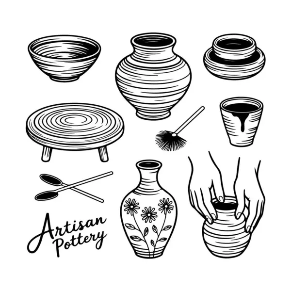 Vazolar, çanaklar ve aletler de dahil olmak üzere çeşitli çömlek parçalarının yer aldığı büyüleyici bir el çizimi..