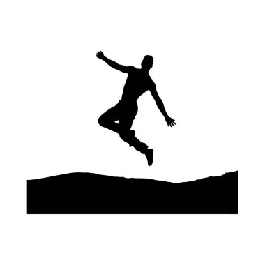 Atletik giysili bir kişinin siyah silüeti güçlü bir atlayışta havada yakalanmış, aşağıda koyu bir zemin çizgisi var..