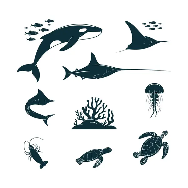 Siyah siluet ile bembeyaz bir zemin üzerinde tasvir edilmiş çeşitli deniz canlıları ve mercanlardan oluşan bir derleme. Okyanus biyolojik çeşitliliği sergileniyor..