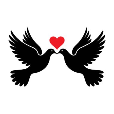 Parlak kırmızı bir kalbin altında, gagaları birbirine değen iki siyah güvercinin stilize bir tasviri..