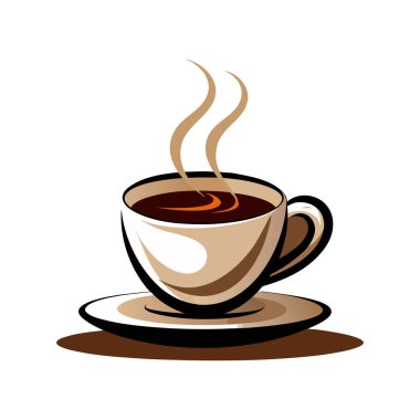 Koyu, buharlı kahve dolu beyaz seramik bir kahve fincanı, yükselen buhar zerreleriyle uyumlu bir fincan üzerinde oturur..