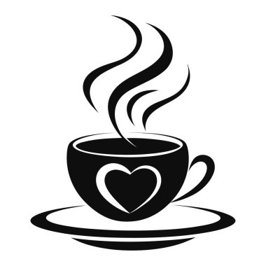 Yanı başında kalp tasarımı olan bir kahve fincanının siyah ve beyaz grafiği, bir fincan tabağının üzerinde duruyor, stilize buharı yükseliyor..
