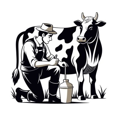 Tulumlu ve şapkalı bir çiftçi inek sağmak için diz çöker. Yakınlarda süt toplamaya hazır metal bir kova var..