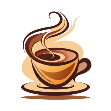 Sıcak kahveyle dolu bir kahve fincanının stilize edilmiş bir çizimi, sanatsal bir aroma oluşturan sıcak, girdap gibi bir buhar yayıyor..