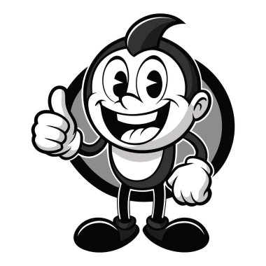 Geniş bir gülüşü ve onaylanmış başparmağı olan, klasik bir animasyon tarzında çizilmiş siyah beyaz bir çizgi film karakteri..