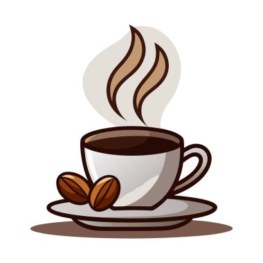 Koyu kahveyle dolu beyaz bir seramik bardak iki kavrulmuş kahve çekirdekli bir fincan üzerinde oturur. Sıcak içecekten buhar yükseliyor..