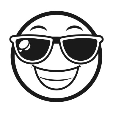 Güzel güneş gözlüğü takan, geniş, açık ağızlı, gülümseyen bir gülüşün siyah ve beyaz çizimi..