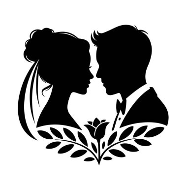 Siyah bir gelin silueti, duvağı ve takım elbiseli bir damat. Yüzü birbirine dönük, altında çiçeklerle süslenmiş..