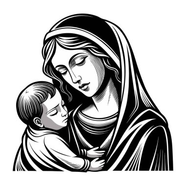 Siyah-beyaz bir illüstrasyon, bebek İsa 'yı tutan Bakire Meryem' i resmediyor. Her iki figür de gözleri kapalı, bir huzur ve bağlılık hissi taşıyor..