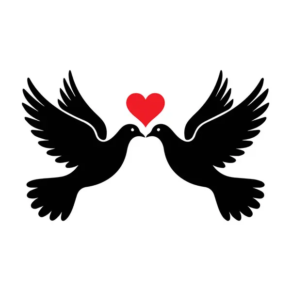Parlak kırmızı bir kalbin altında, gagaları birbirine değen iki siyah güvercinin stilize bir tasviri..