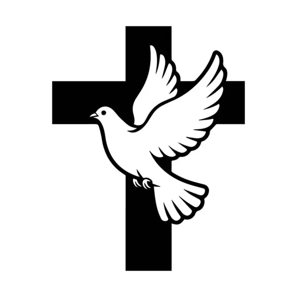 Kanatları açık beyaz bir güvercin cesur bir siyah Hıristiyan haçı önünde uçuyor, barışı ve inancı simgeliyor..