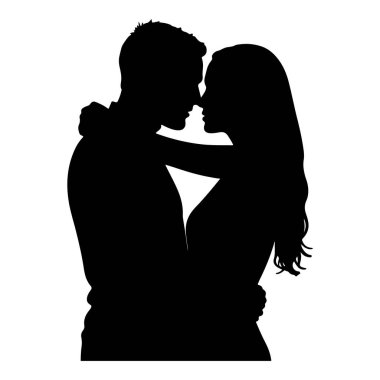 Şefkatli bir şekilde kucaklaşan bir erkek ve kadının siyah silueti, yüzleri neredeyse dokunaklı, derin bir sevgi ve bağ kuruyor..