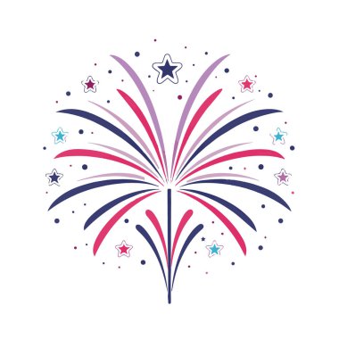 Küçük yıldızlar ve noktalarla çevrili vatansever renklerde patlayan bir havai fişeğin stilize bir gösterimi, kutlamayı çağrıştırıyor..