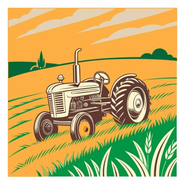Tarlada çalışan eski moda bir traktörün stilize edilmiş bir tasviri. Yuvarlanan tepeler ve canlı bir gökyüzü..