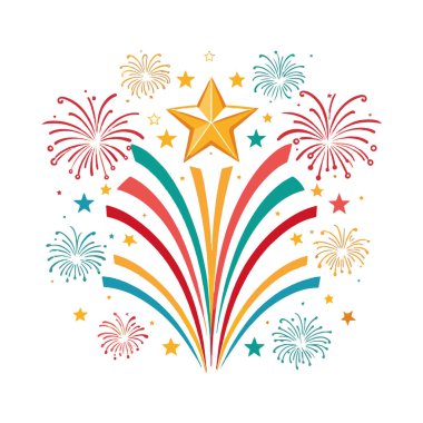 Yıldızpatlaması havai fişeklerinin renkli parlak çizgileri ve zirvesinde küçük patlamalarla çevrili altın bir yıldızın gösterimi..