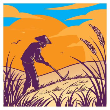 Yalnız bir çiftçi, konik bir şapka takıyor, güneş batarken tırpanla tarlada çalışıyor, sıcak bir parıltı yayıyor..