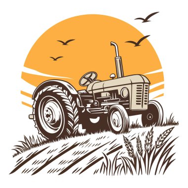 Eski bir traktör, siluetli kuşların uçtuğu, geniş, sıcak turuncu bir günbatımına karşı dizilmiş, ekinlerle dolu bir tarlada tasvir edilir..